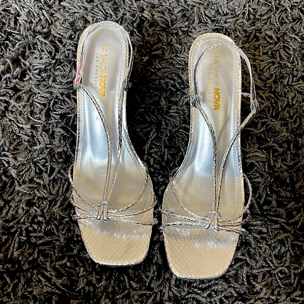 Silver braided spaghetti Strappy heels 8.5